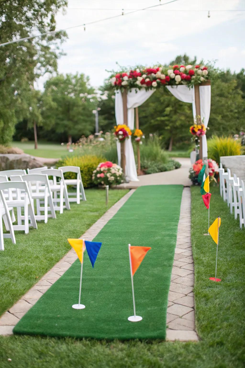 An elegant walkway with fairway-inspired décor sets the stage for a golf-themed ceremony.