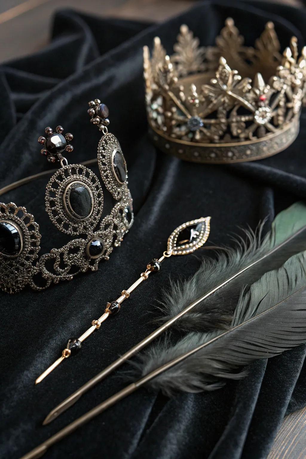 Gothic hair adornments featuring ornate pins and a circlet.