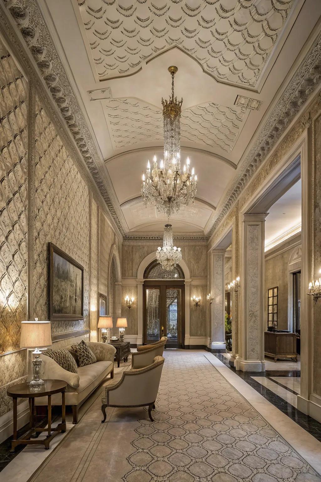 Textural elements add depth and warmth to a grand foyer.