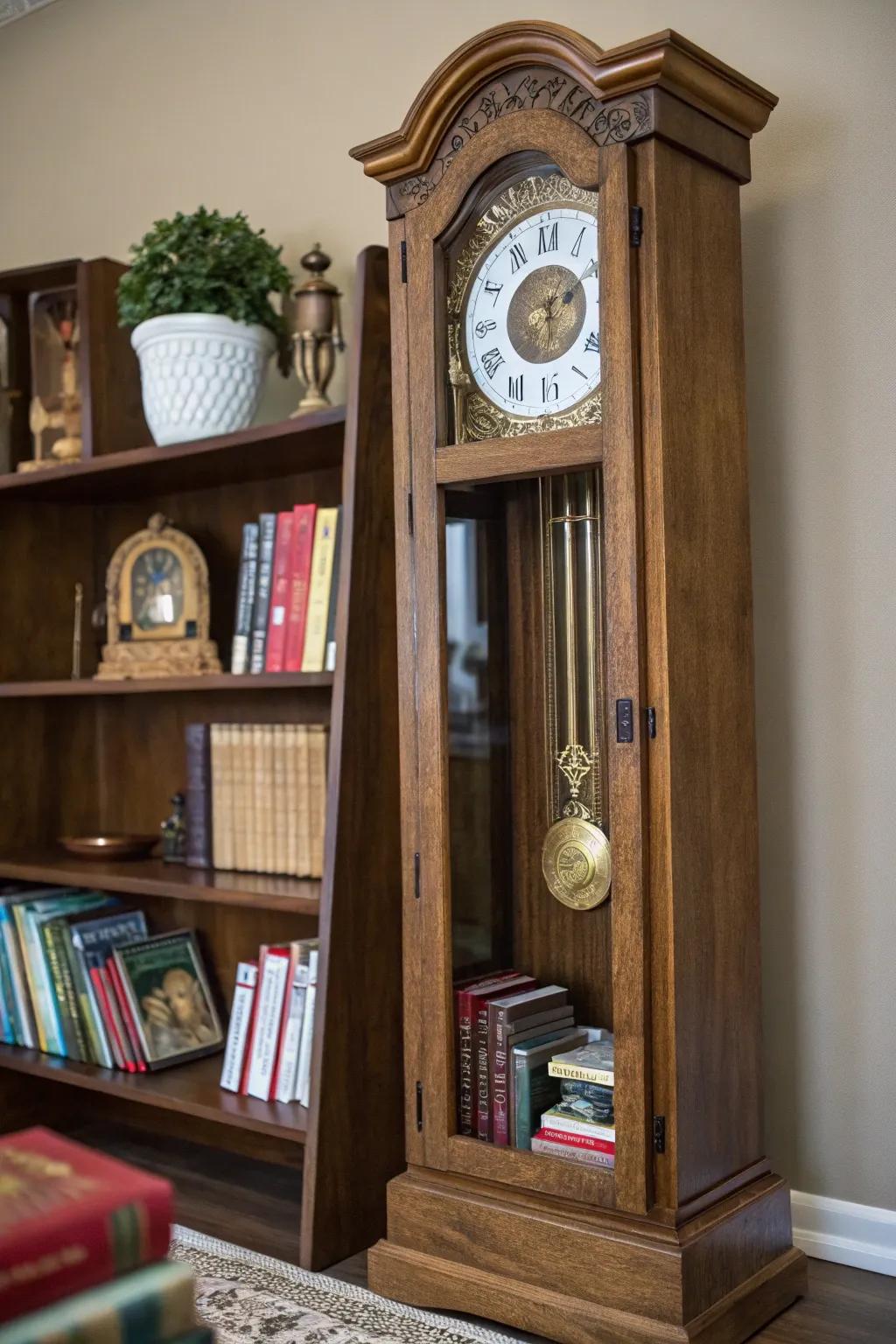 A non-working time-honored timepiece gains new life as a practical shelf.