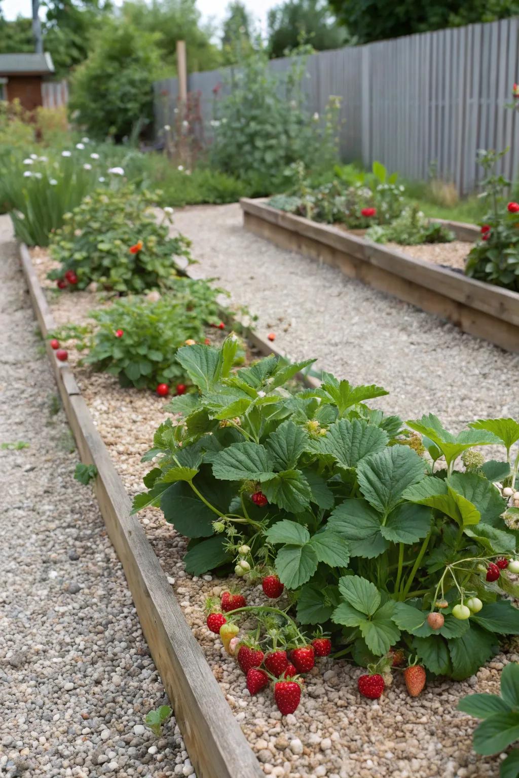 A garden of edible pebbles featuring strawberries