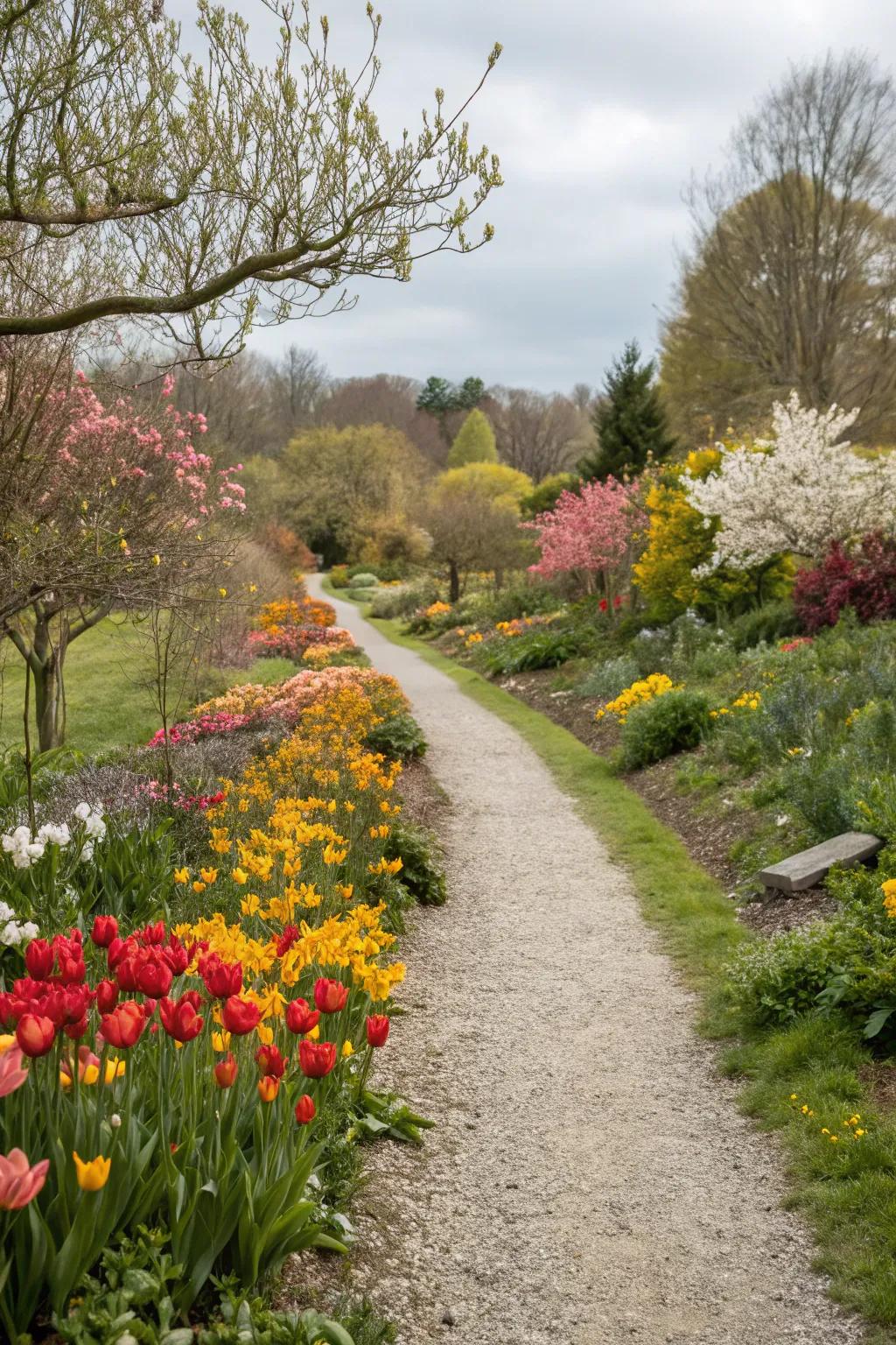 Plantings of flowers keep the walkway alive during every season.