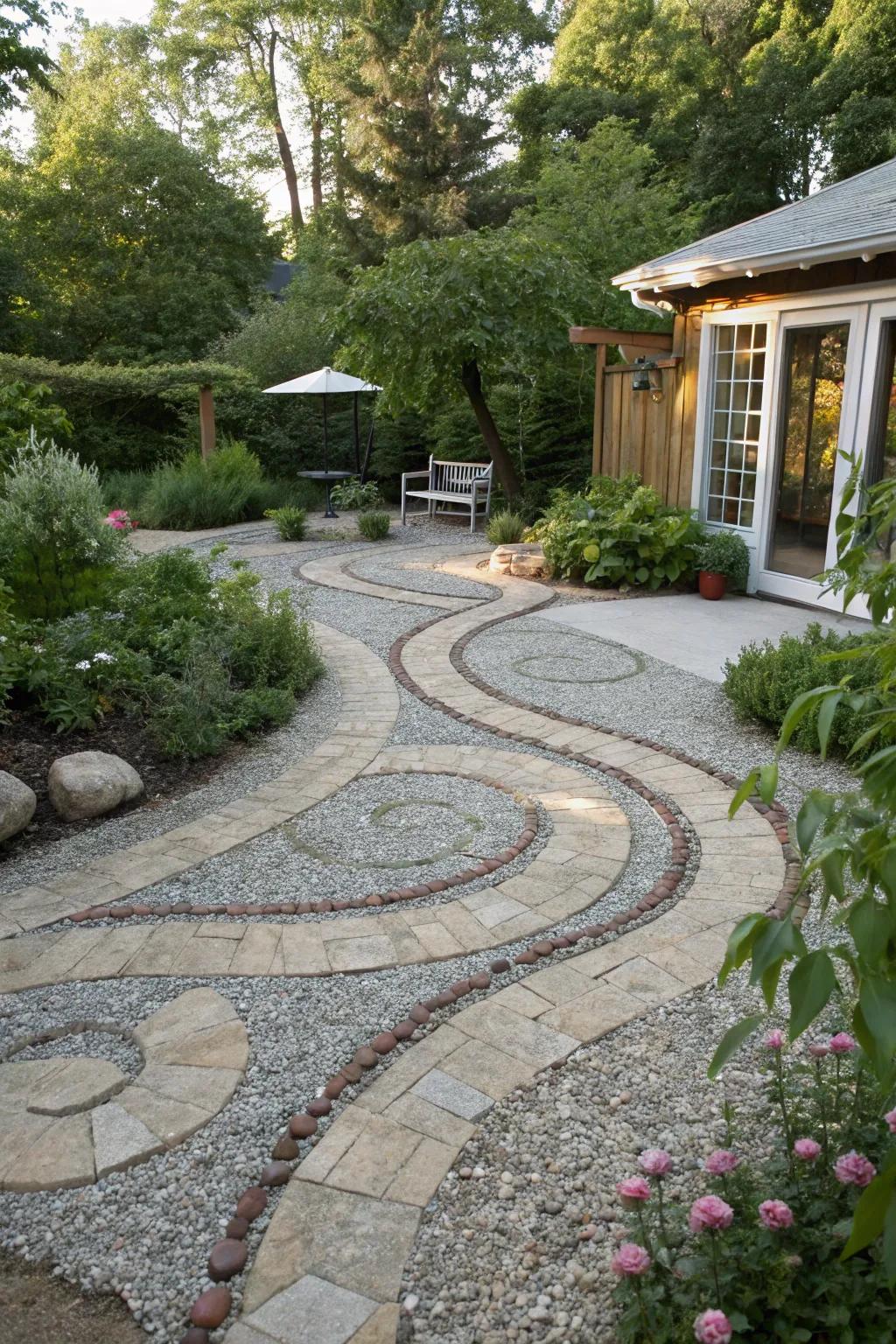 A gravel patio showcasing charming broadstone routes for added allure.