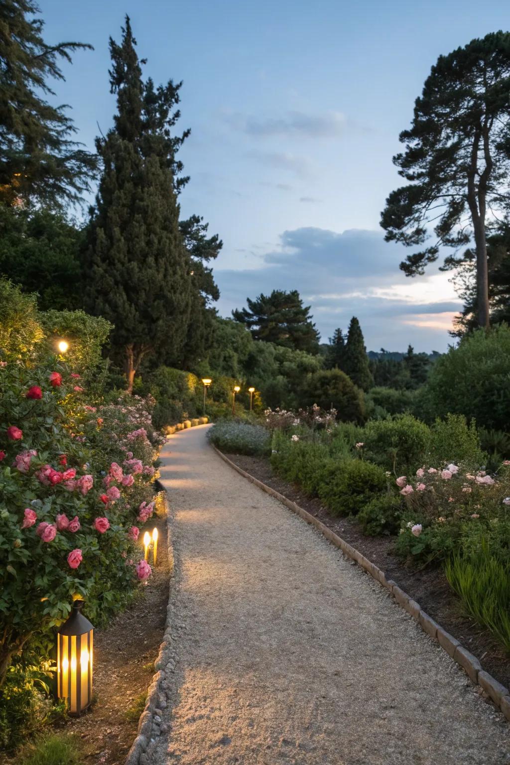 A gravel walkway illuminated with soft lighting