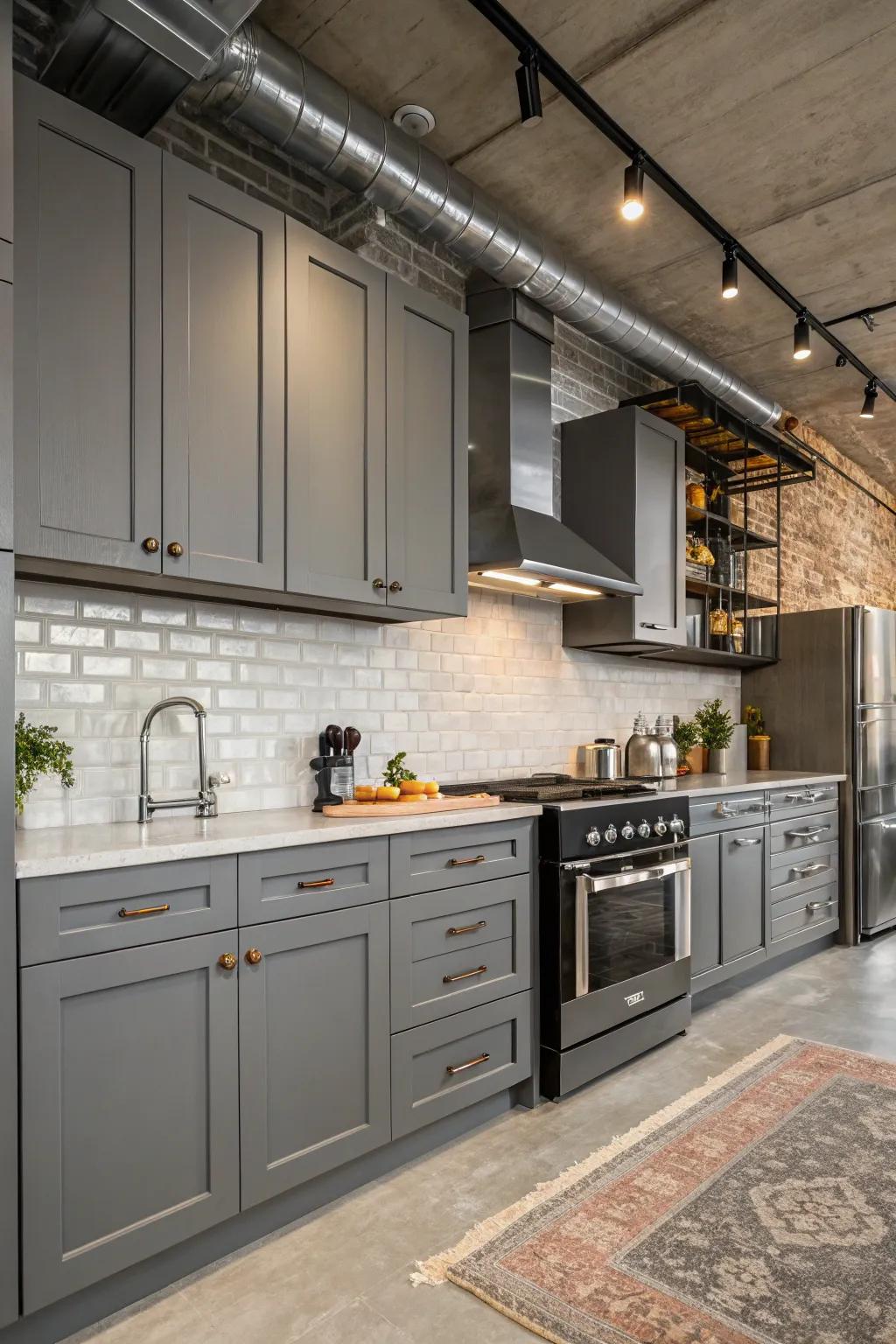Modern accents bring a unique edge to gray kitchen cabinets.
