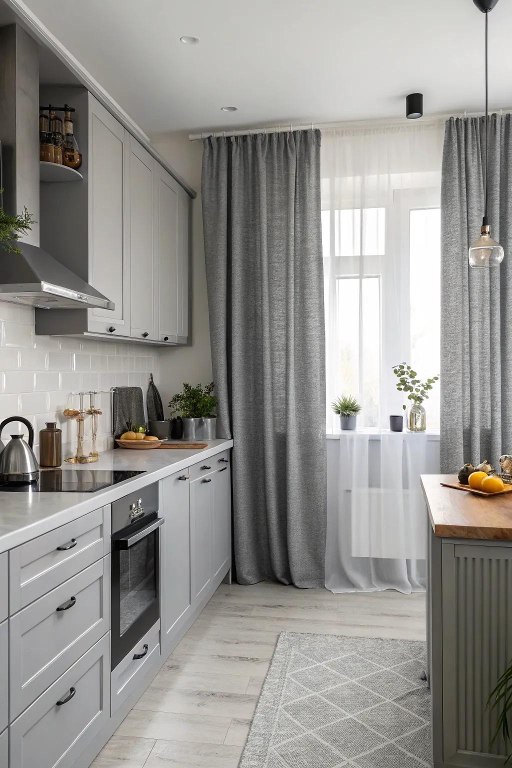 Monochrome elegance with shades of ash for a unified cooking space design.
