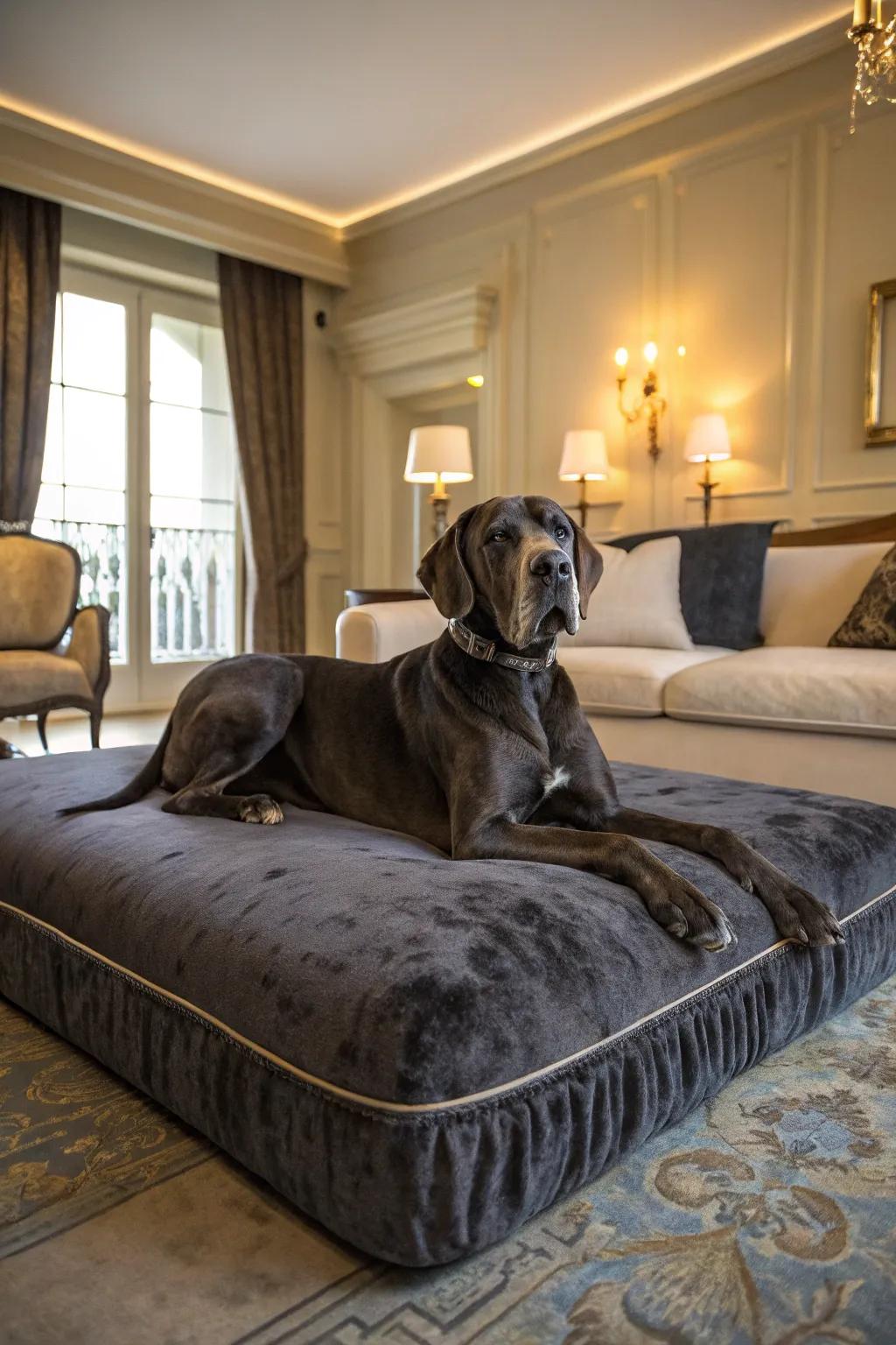 Velvet-covered beds afford a touch of luxury and comfort for your Great Dane.