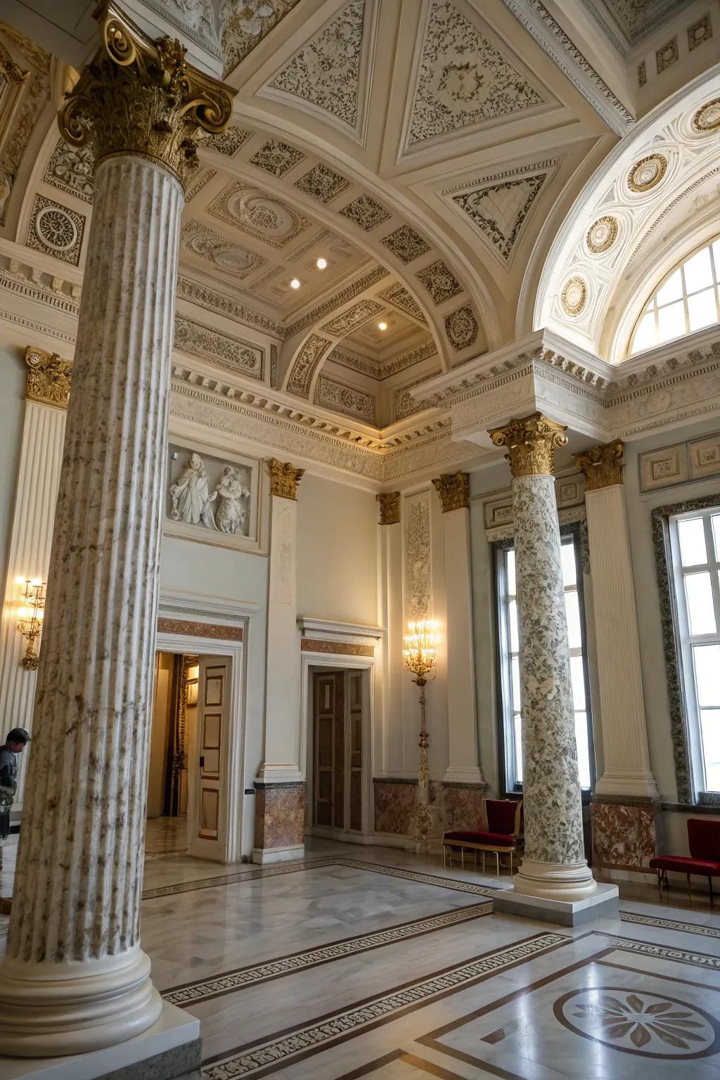 Elevated ceilings lend grandeur and elegance to Hellenic-inspired spaces.