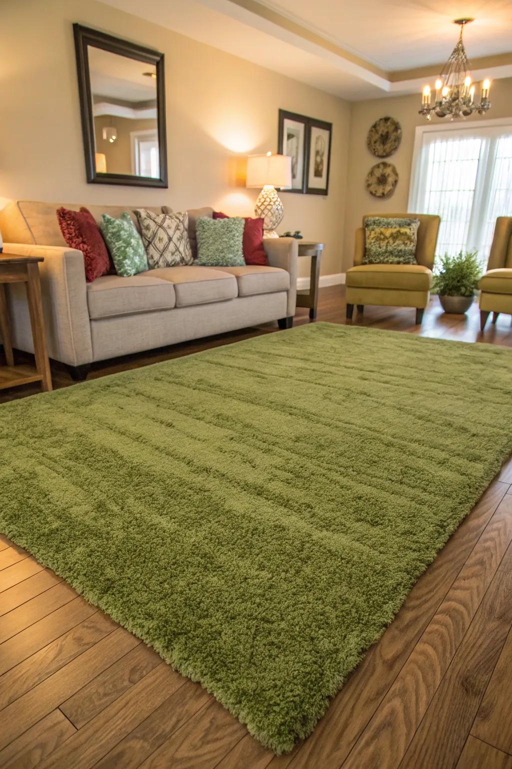 A green rug anchors your living room with comfort and style.