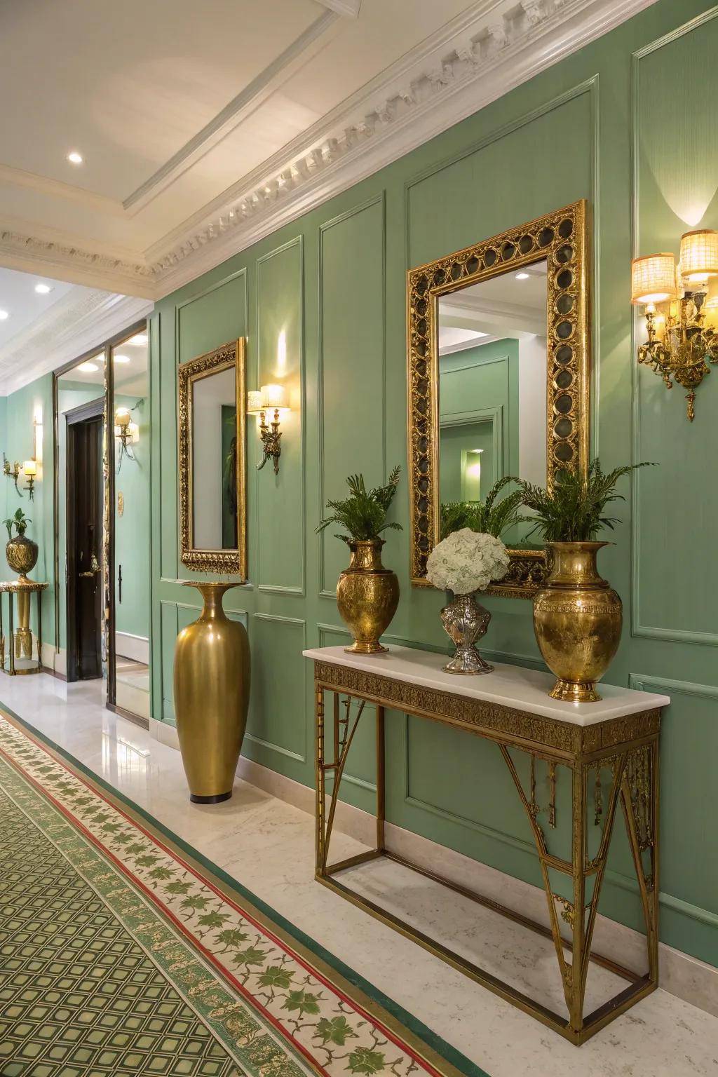 Verdant and metallic accents engender a glamorous result.