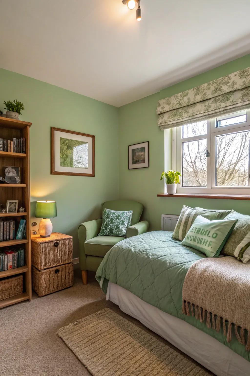 A compact bedroom improved by understated verdant accents for a snug vibe.