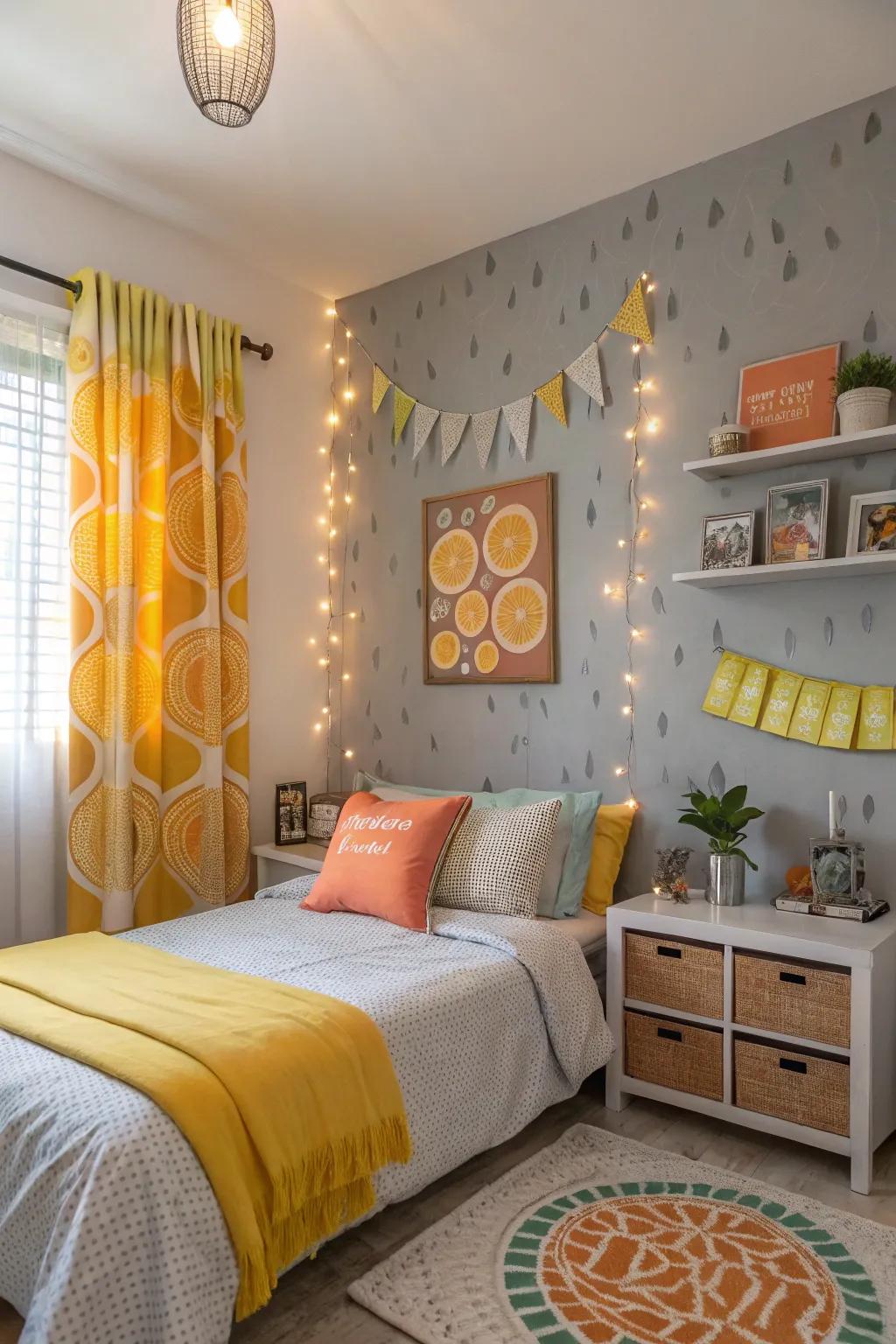 A zestful splash of citrus adding vibrancy to a grey-painted surface.