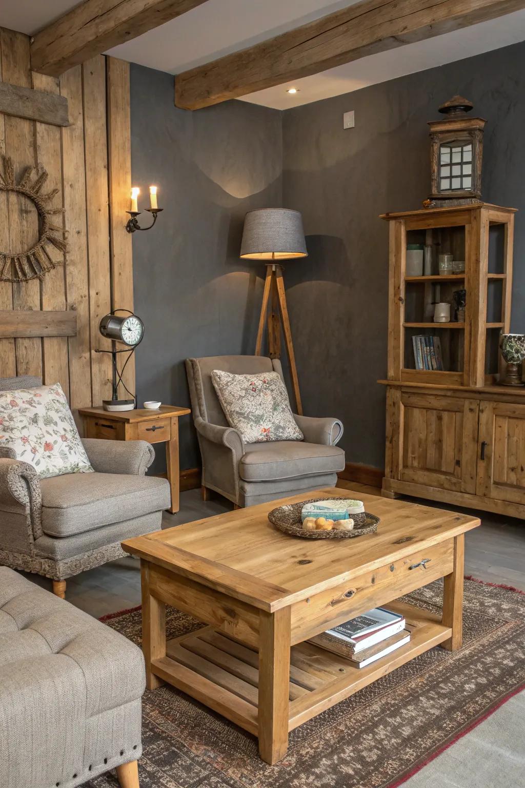 A rustic room with a grey accent wall and wooden furniture.