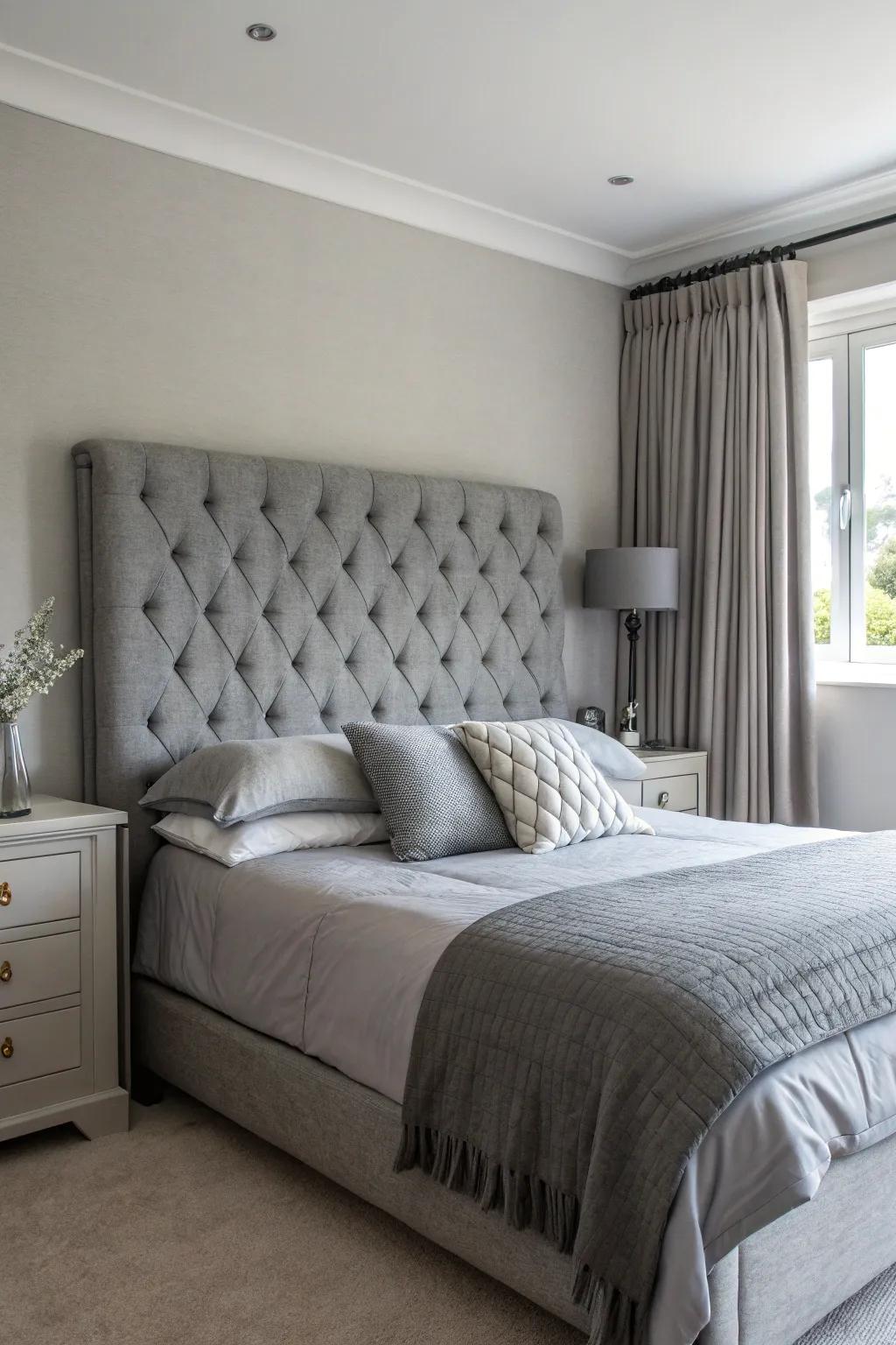 A grey bed frame anchors the bed.