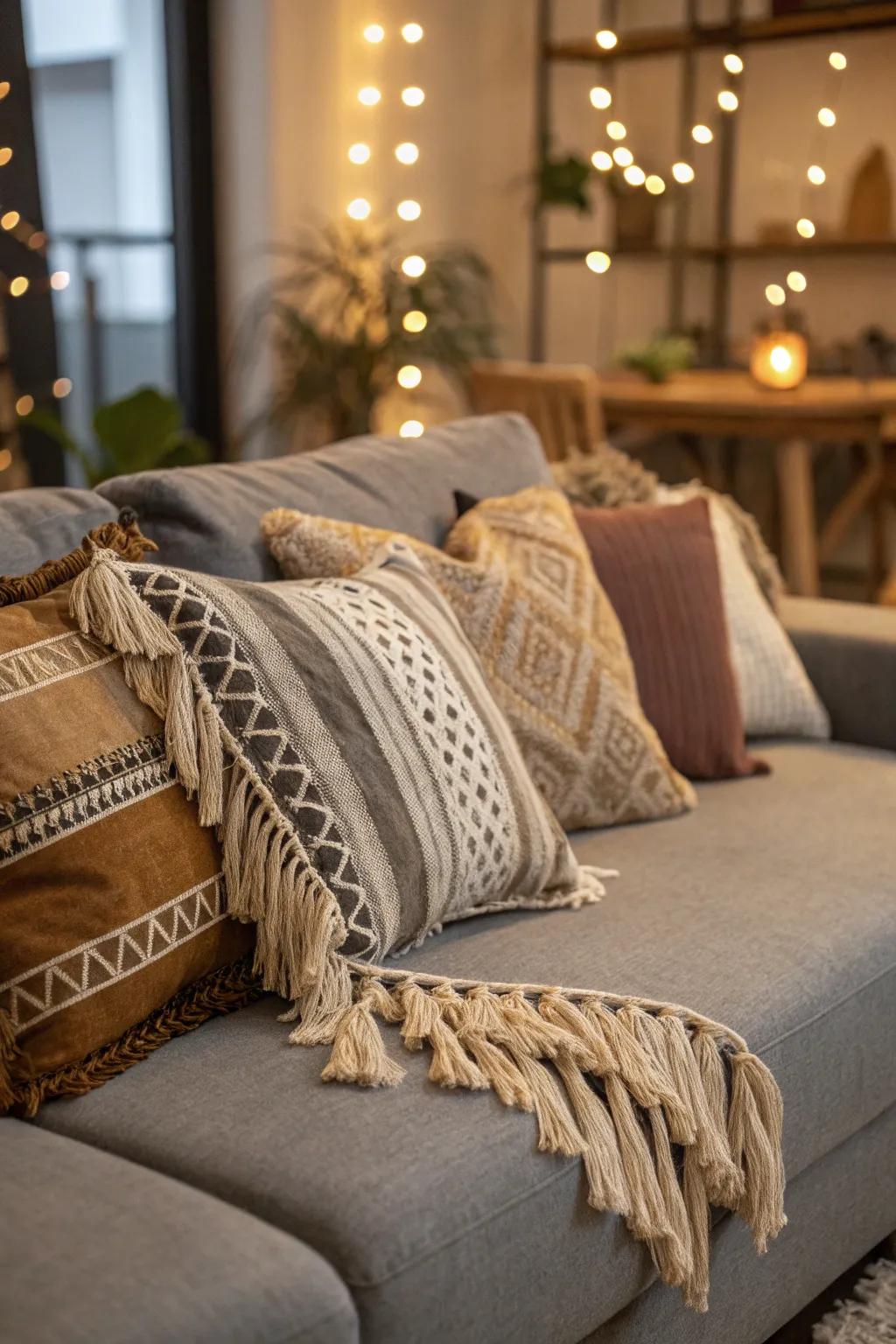 Bohemian cushions contribute a colorful and artistic touch.