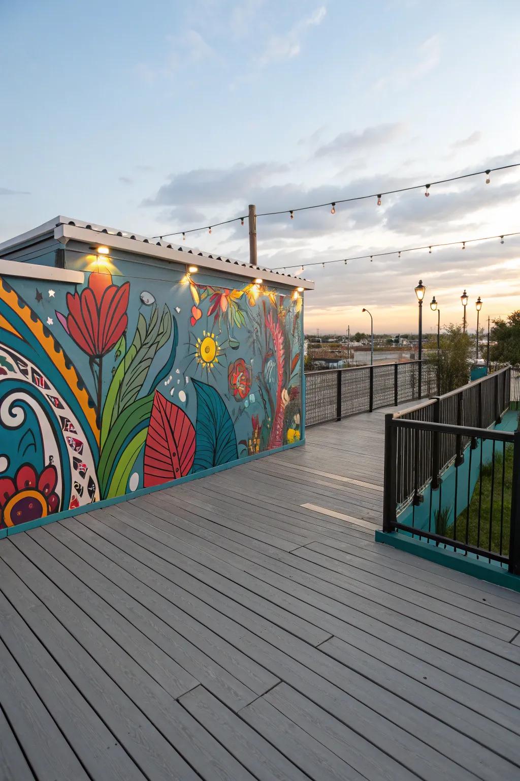 A striking art piece injecting personality into a grey patio.