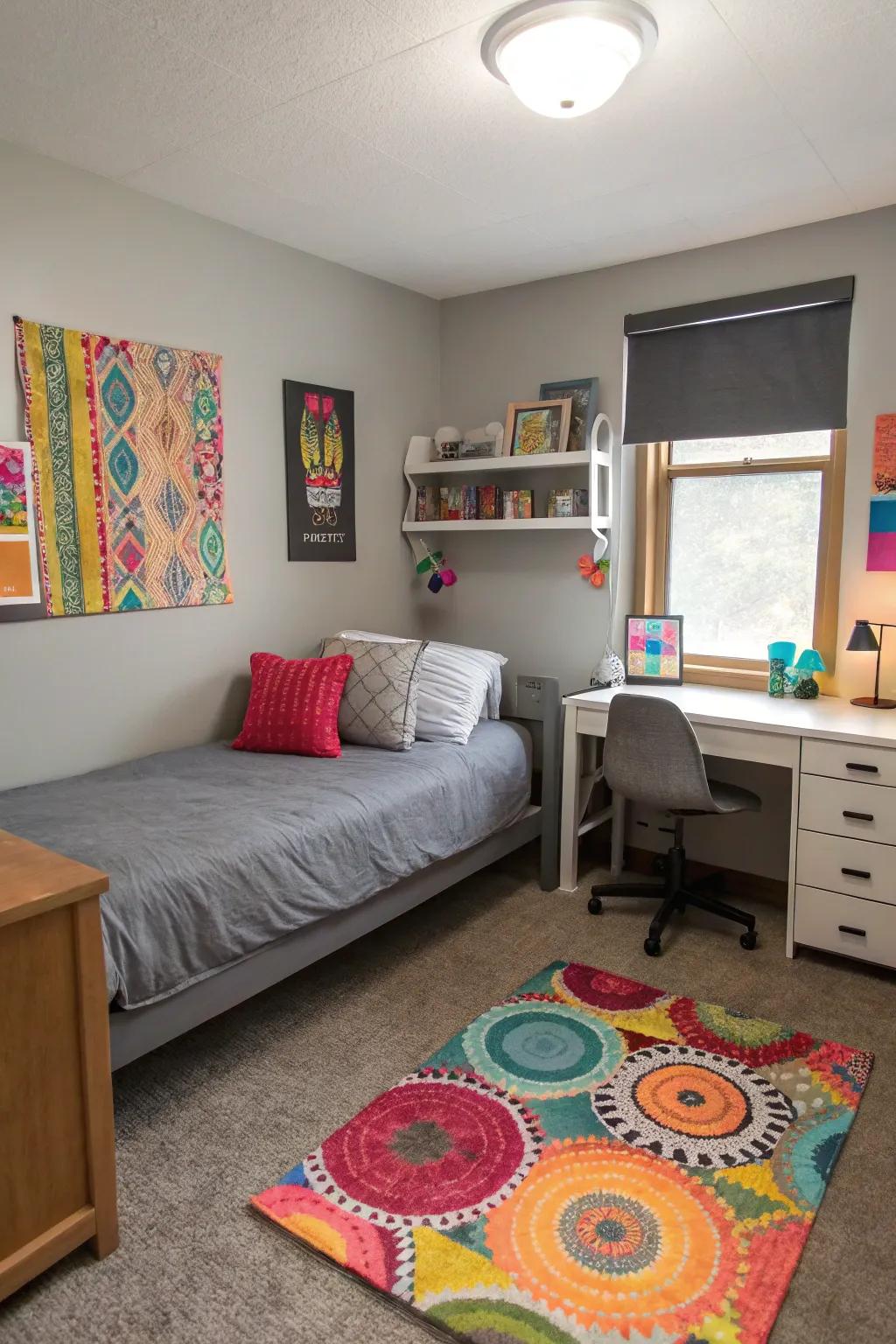 Bold accents can energize a grey room.