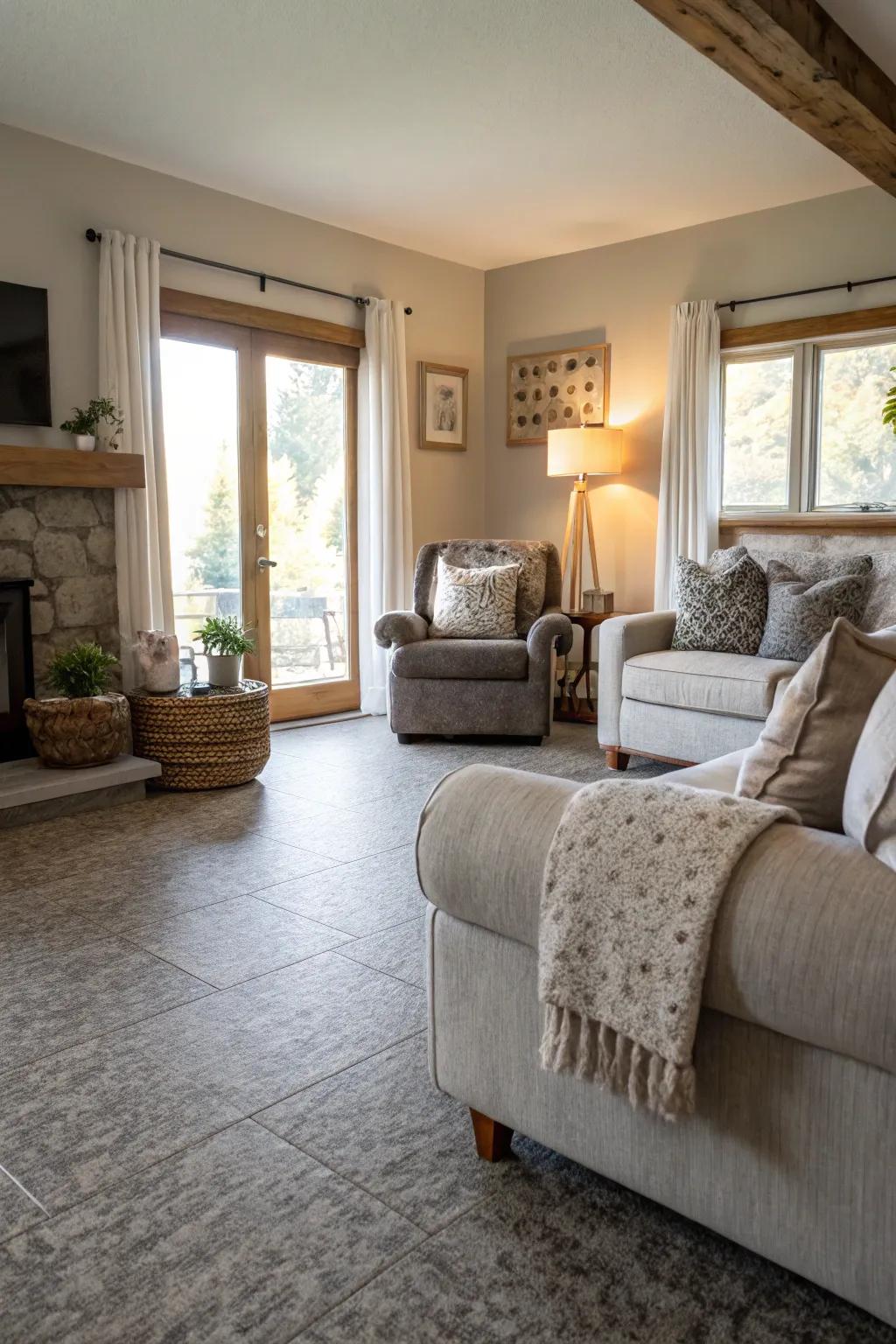 Greyish cork flooring adds warmth and coziness to this welcoming lounge area.