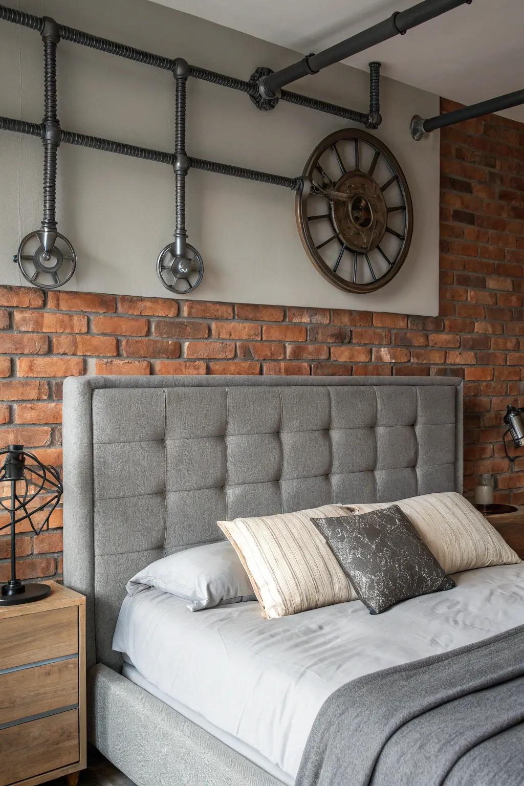 Factory-inspired pieces add character to a bedroom with a stone-toned headboard.