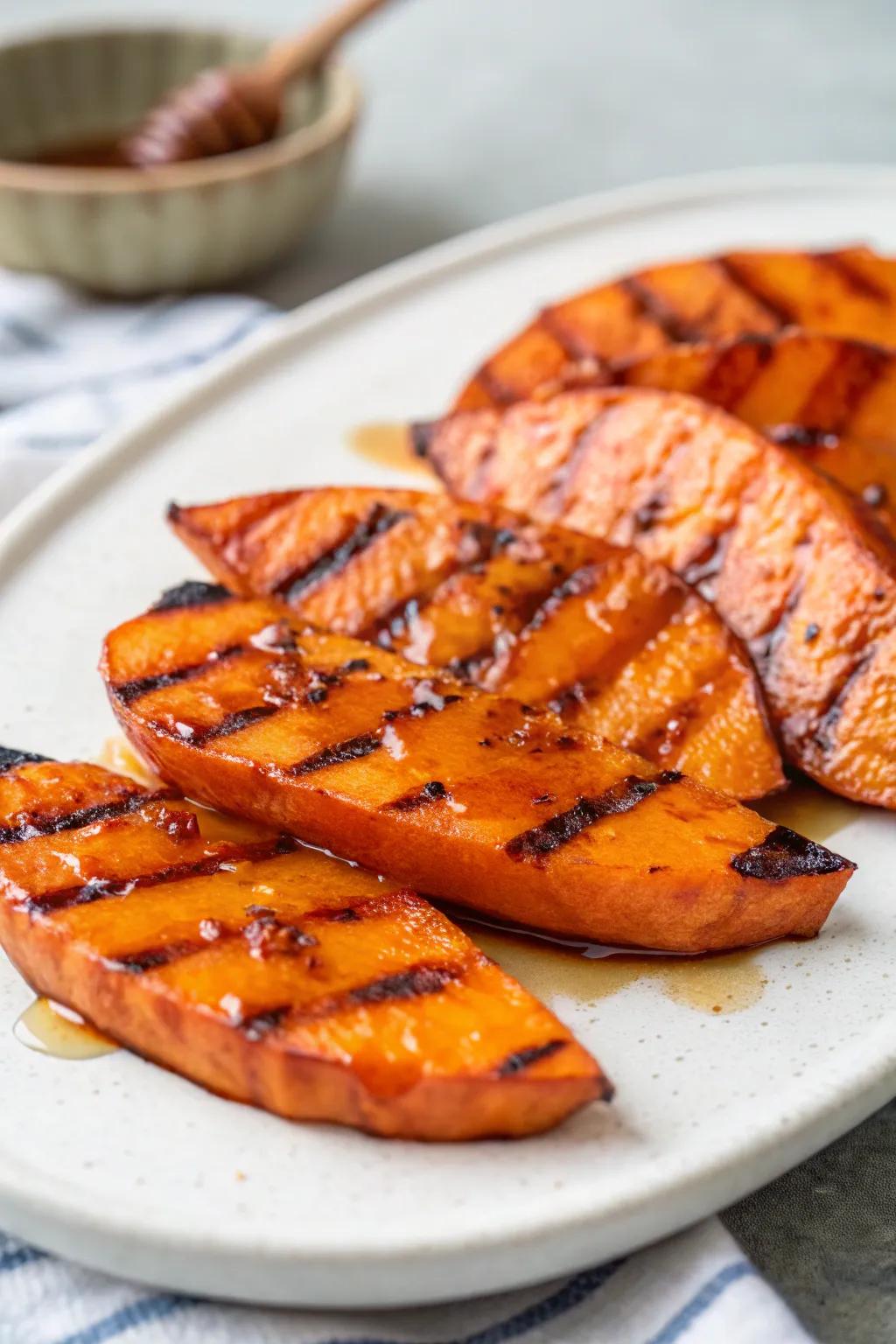 Grilled sweet potatoes offer a sweet and savory experience.