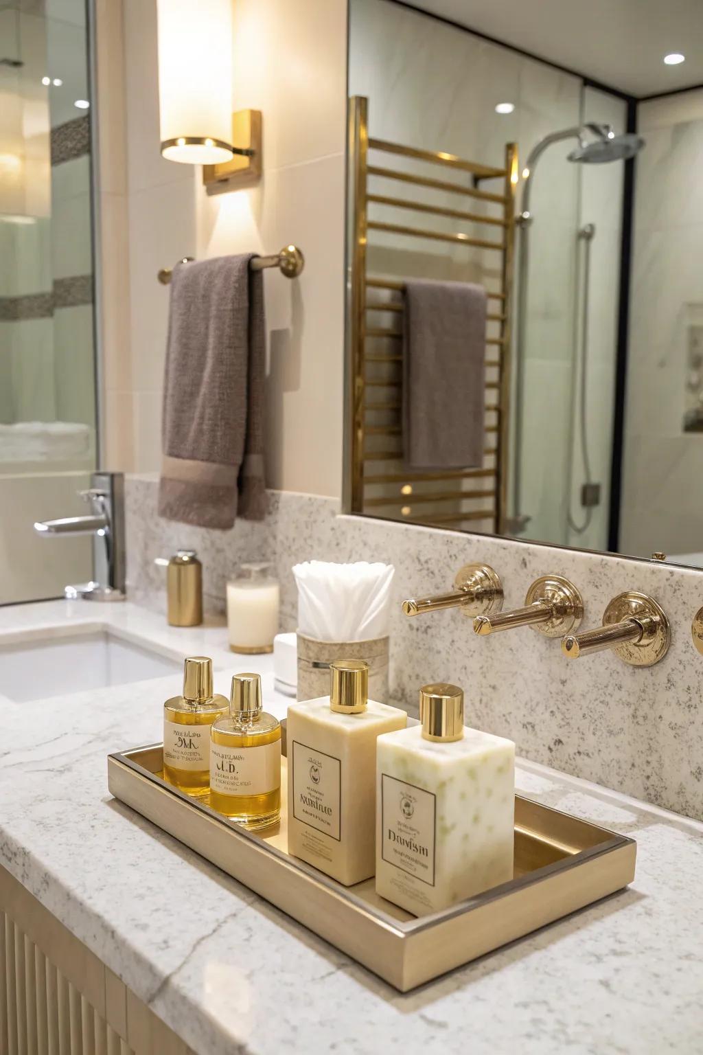 A guest bathroom offering quality soaps and toiletries, elegantly arranged.