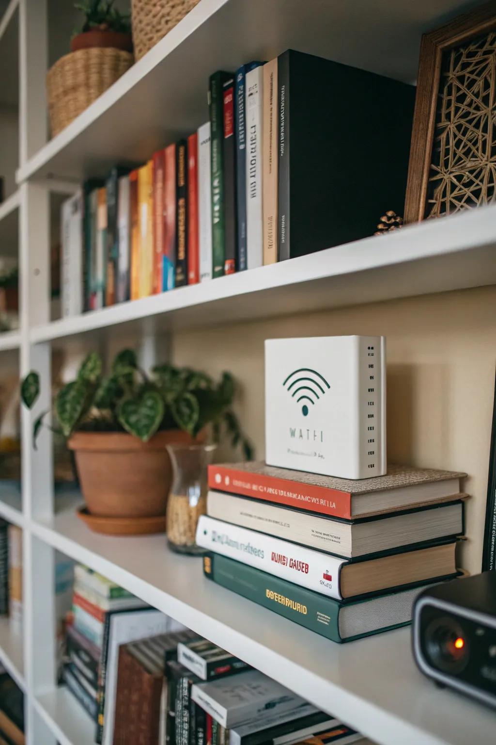 A stack of books cleverly concealing a WiFi sign in a cozy reading corner.