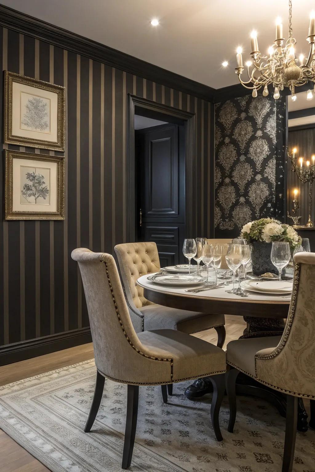 A dramatic dining area featuring striped wallcoverings and solid sable coating, impeccable for audacious declarations.