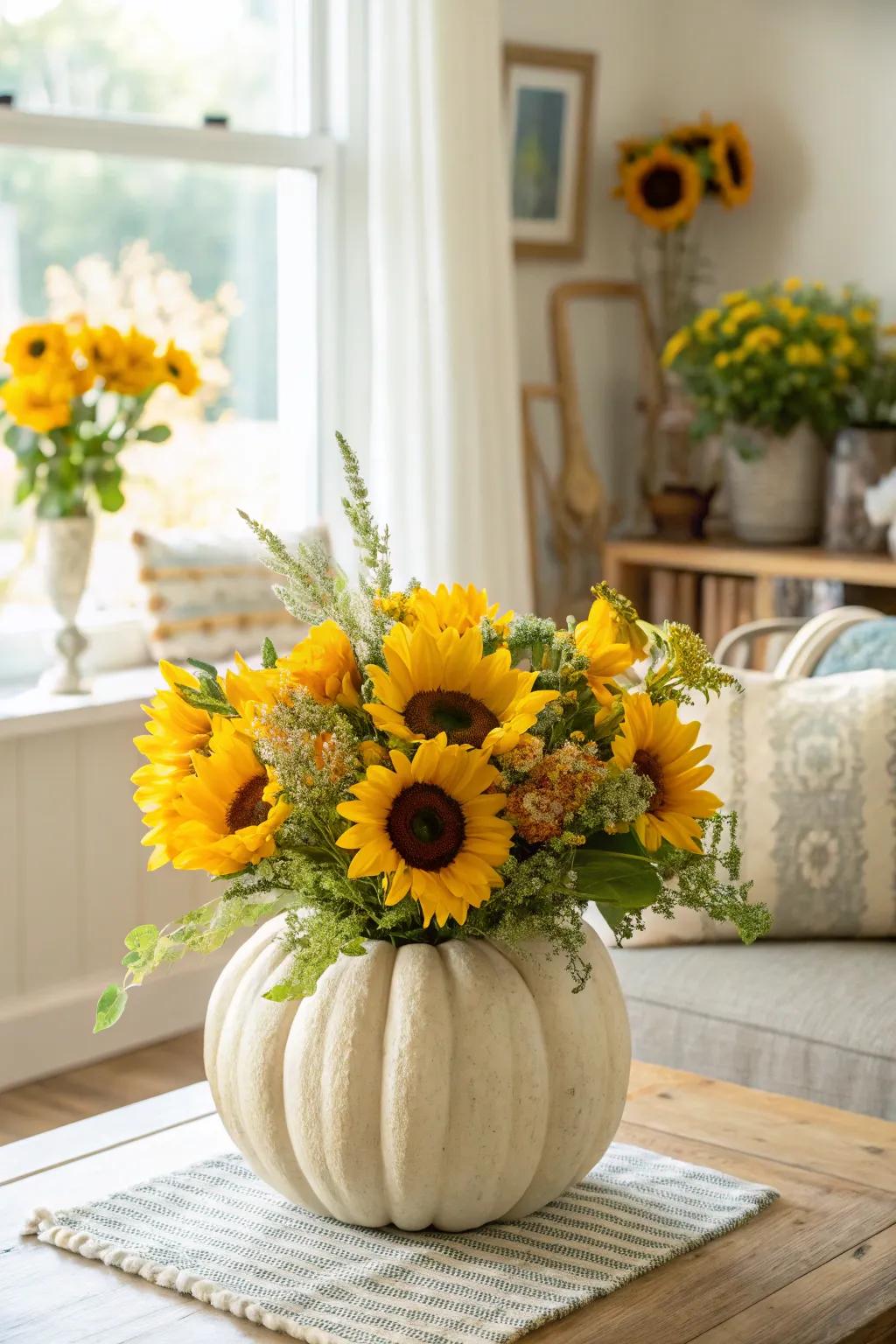 Energetic 'sun gazers' nestled within a gourd vase offer a cheerful revision to the typical Halloween aesthetic.