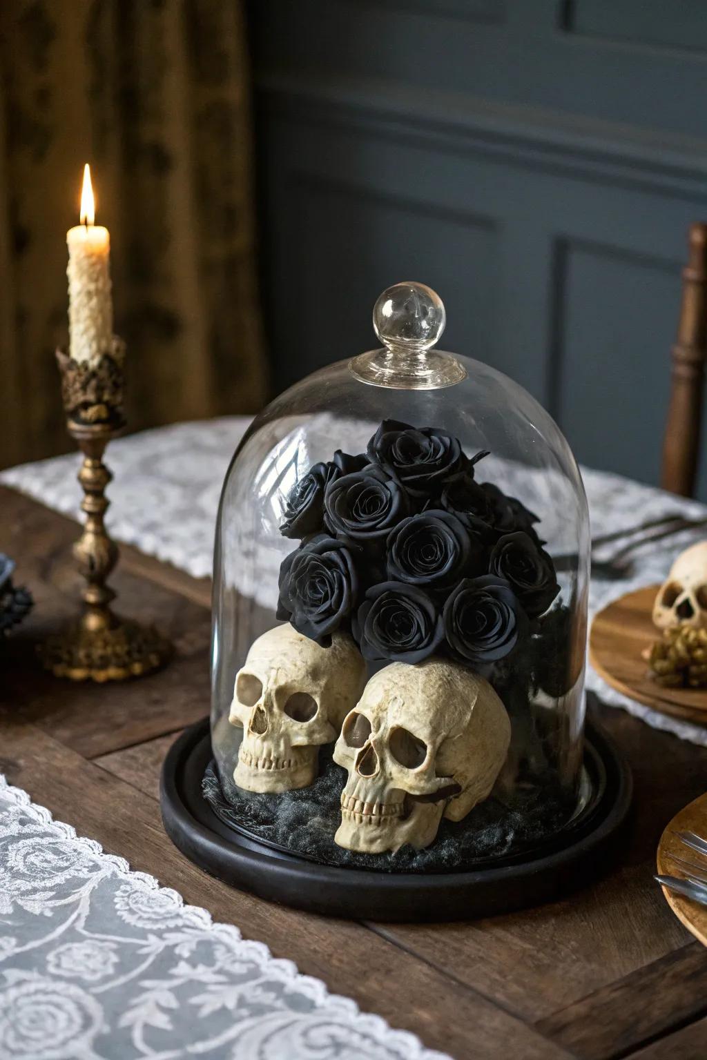 A gothic sentiment display cover featuring roses and craniums.