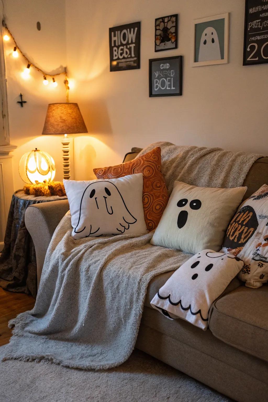 Ghost pillows furnish comfort and a playful spook.