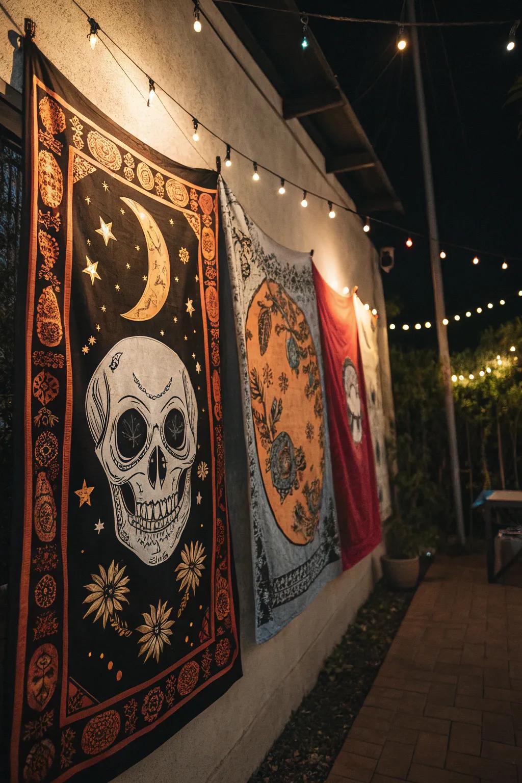Mystical wall hangings contribute texture and a bohemian vibe.