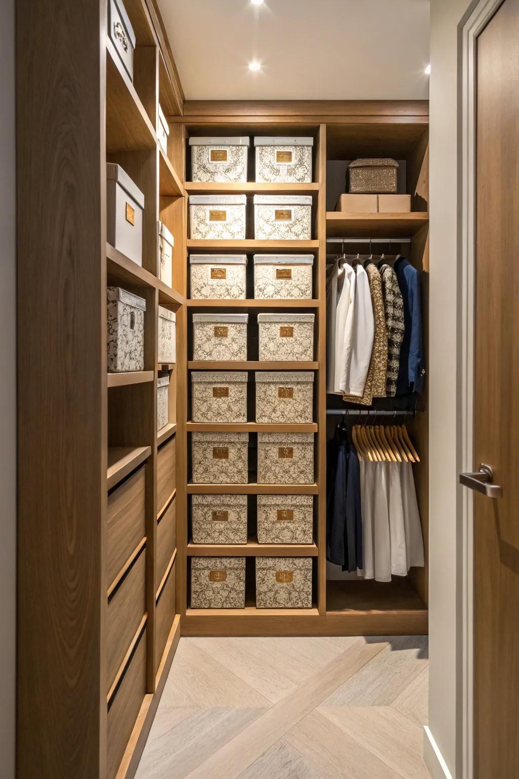 Boxes that look good in a hallway closet, mixing style and being useful.