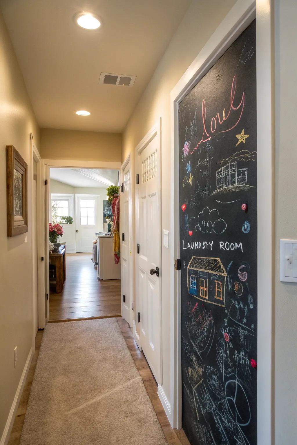 Chalkboard doors add imagination and functionality to a hallway laundry space.