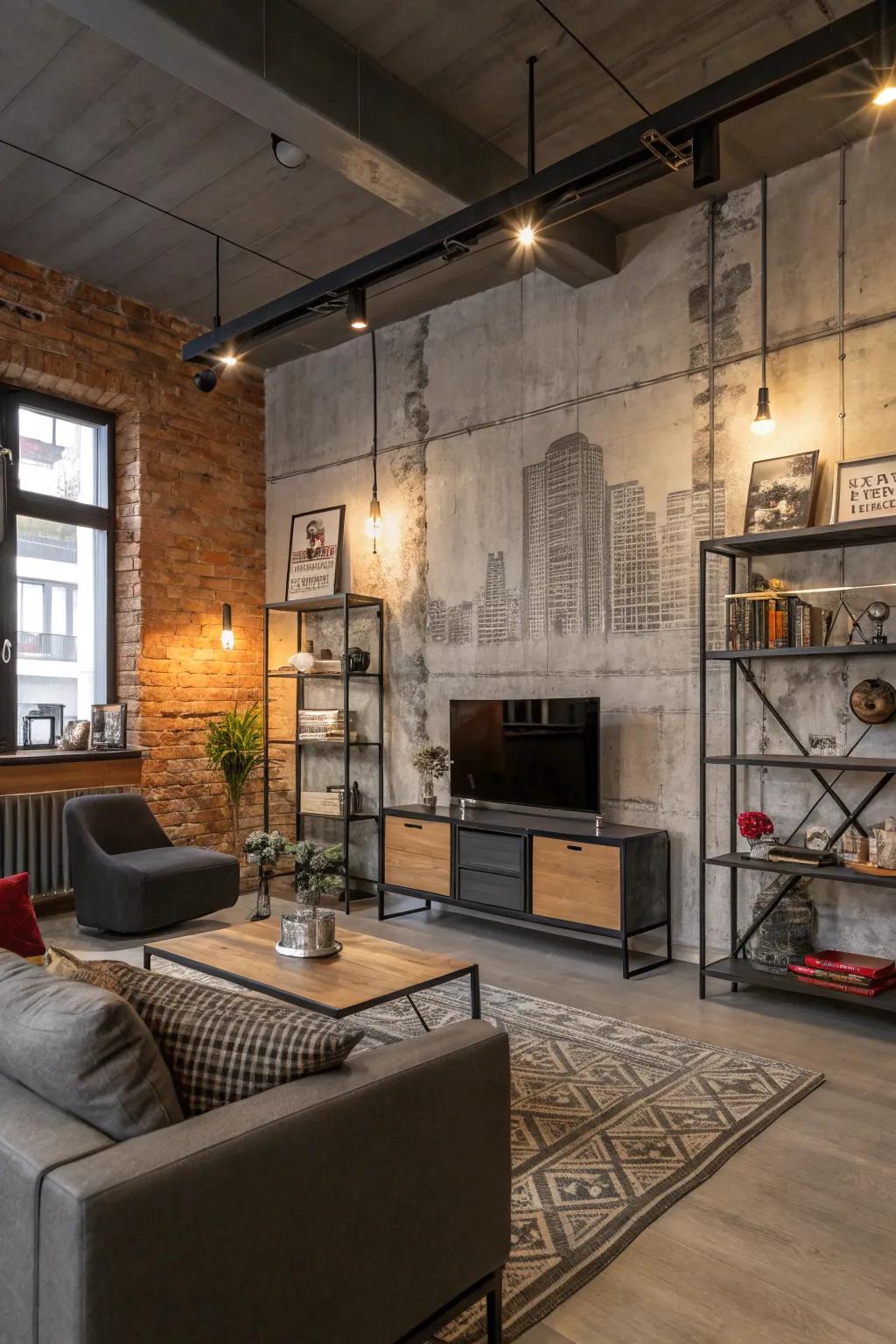 A concrete-esque mural infuses this living area with industrial chic.