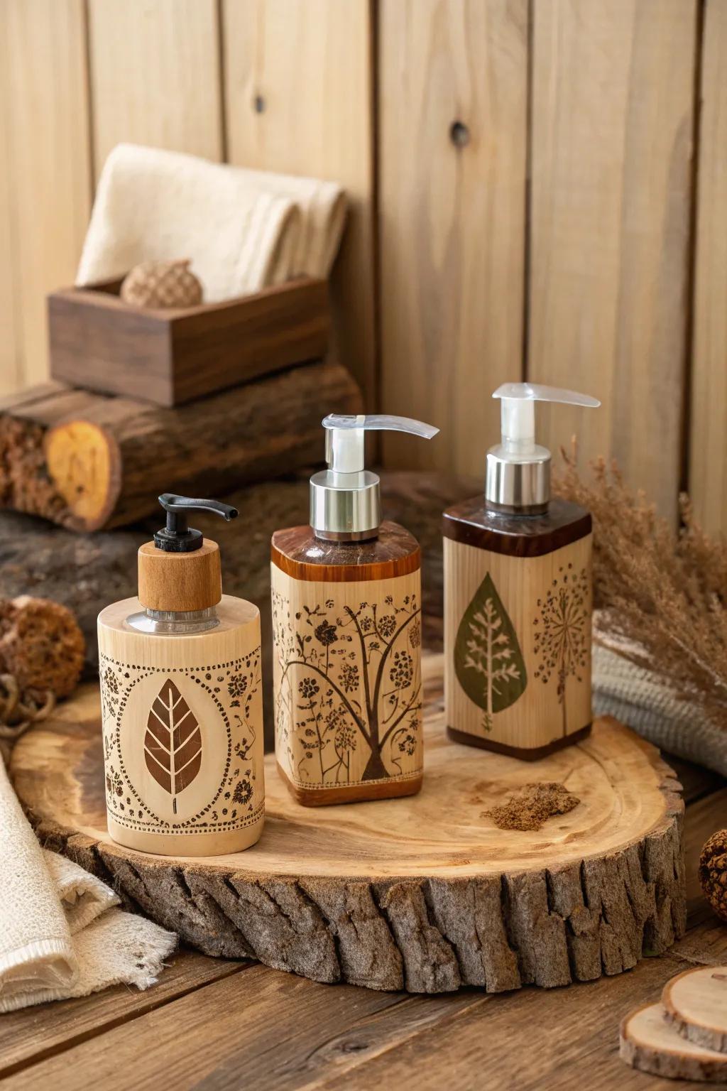 Organic hand cleansers in rustic packaging for a natural nuance.