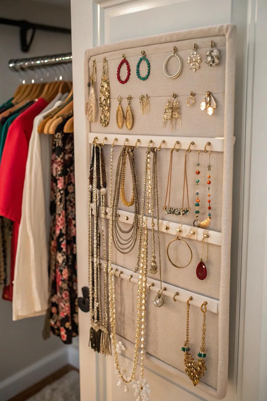 Maintain jewelry in a neat arrangement and easily accessible through an arrangement that hangs.