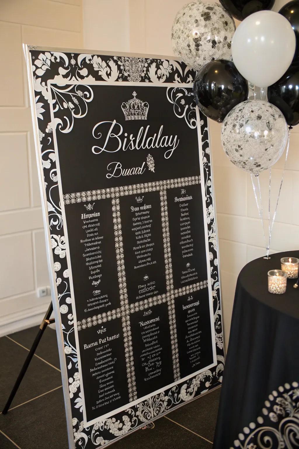 A timeless ebony and alabaster birthday display with elegant allure.