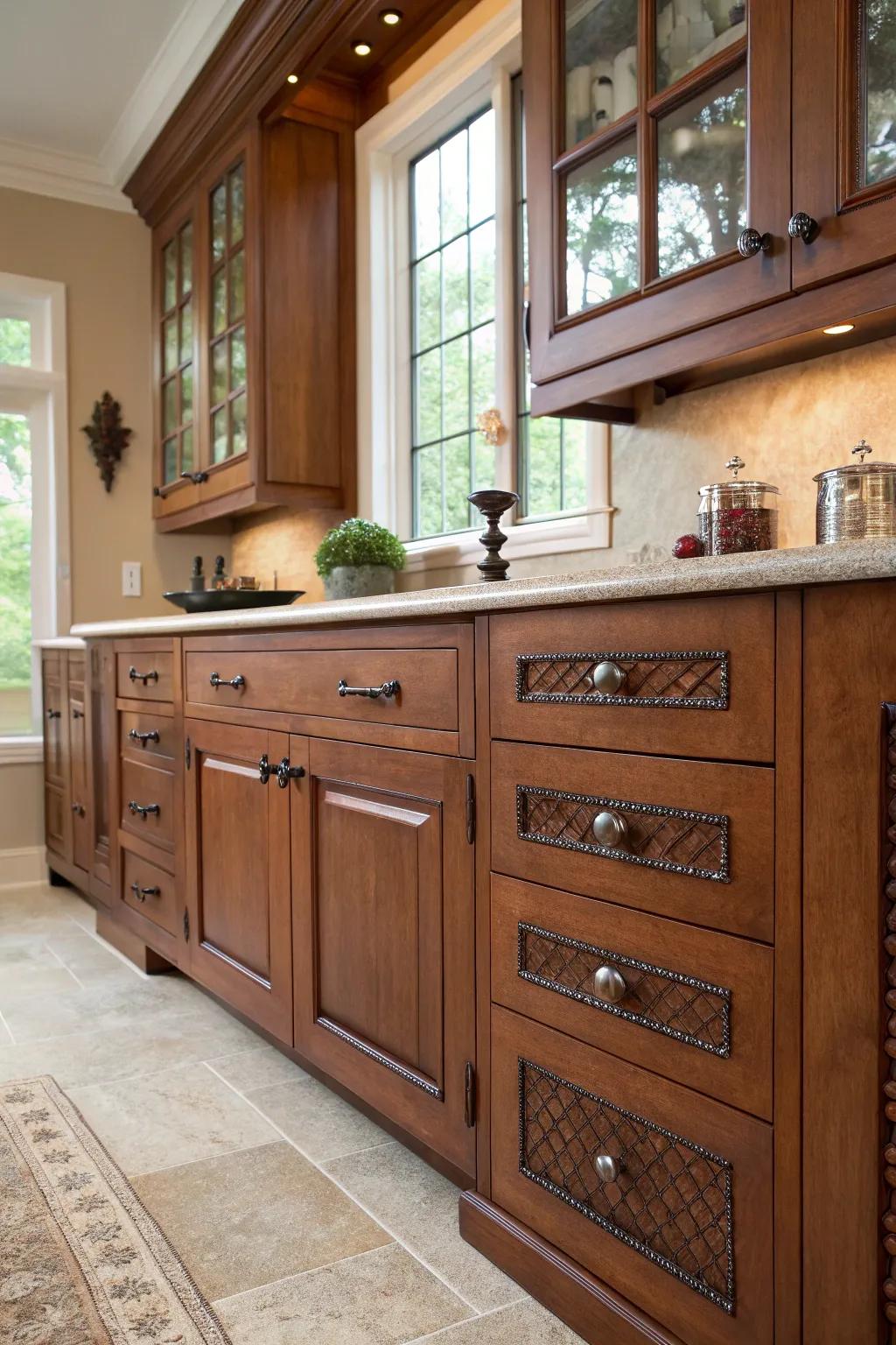 Hammered metal knobs inject structure and visual interest.