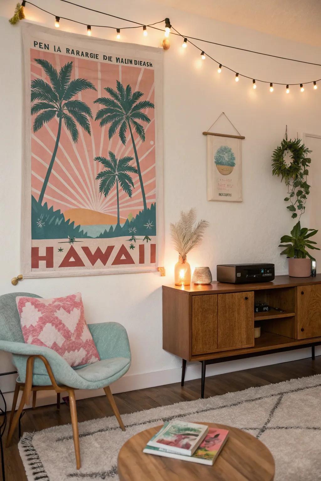 A retro Hawaiian-themed print contributing charm to a mid-century modern room.