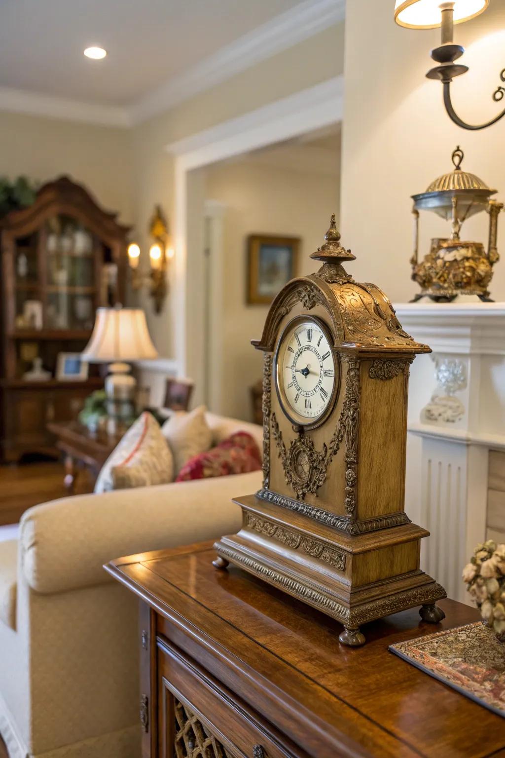 A period timepiece, enhancing home decor with lasting elegance.