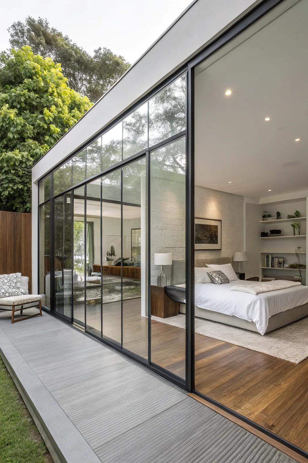 Glass panel room divider for sophisticated space division