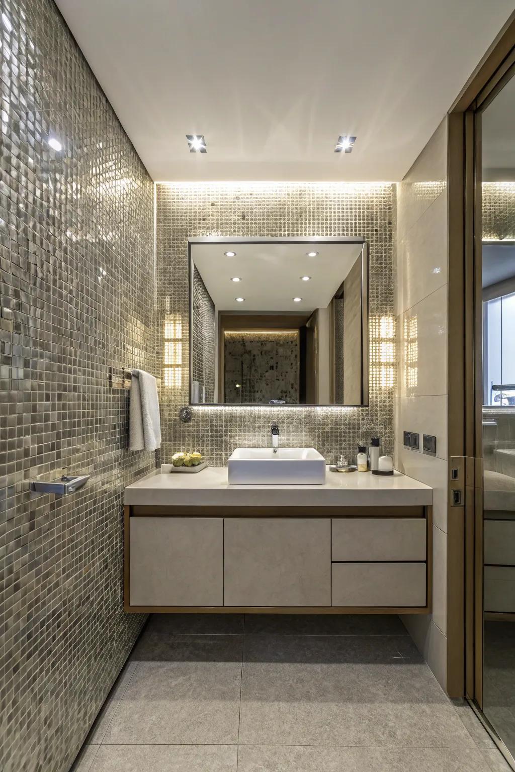 A reflection collage offering hidden storage in a bathroom.
