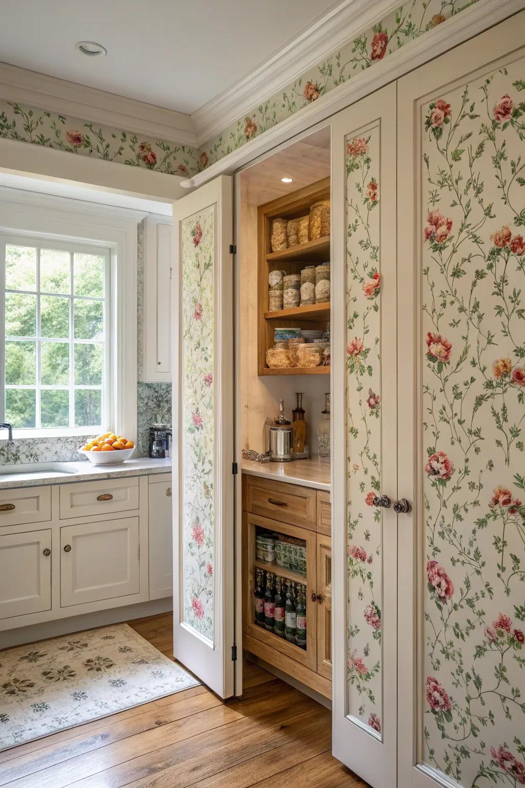 Wall covering-enshrouded thresholds concealing a concealed larder, integrating with the wall decor.