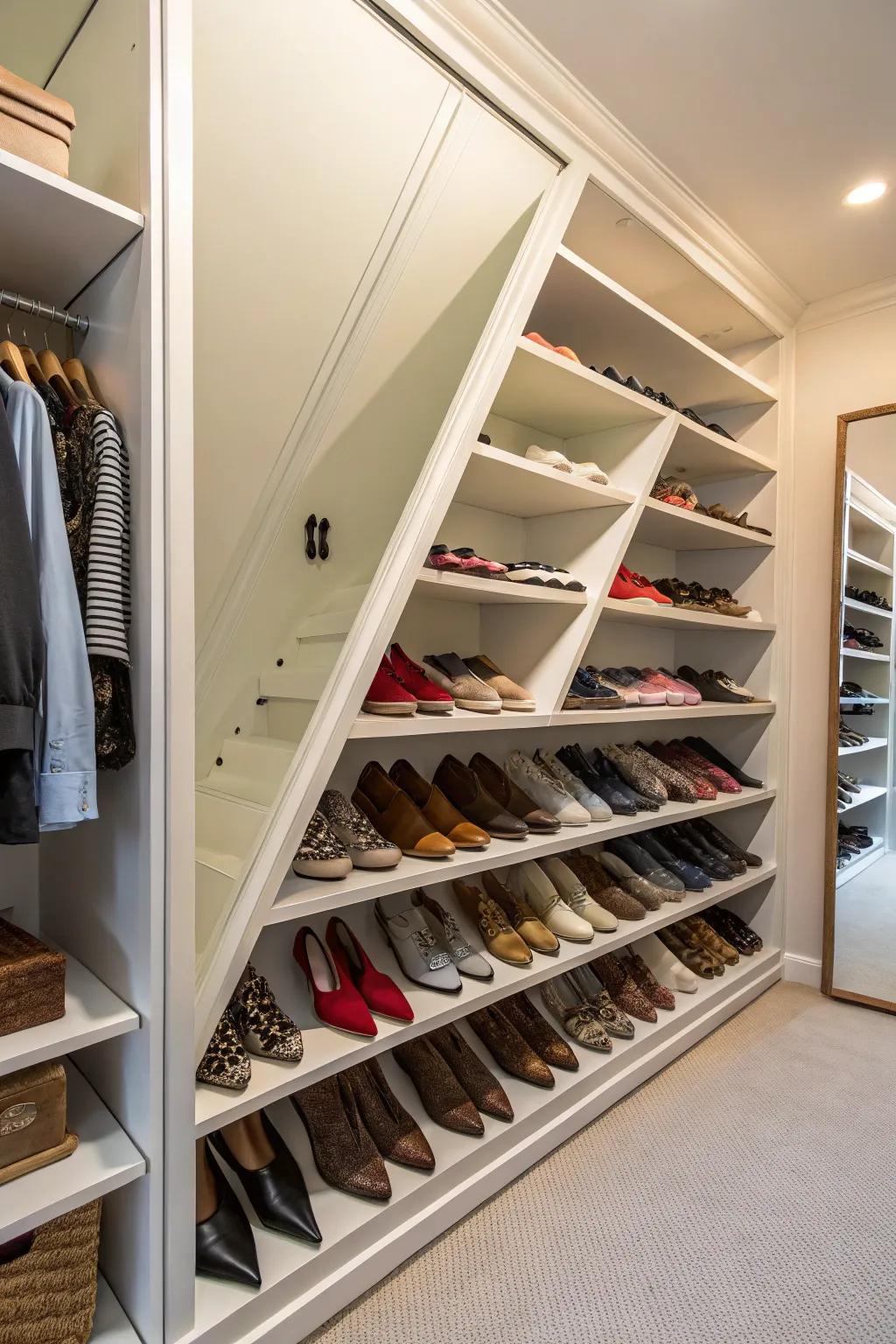 Leaning shelves provide visibility and effortless access to your shoes.