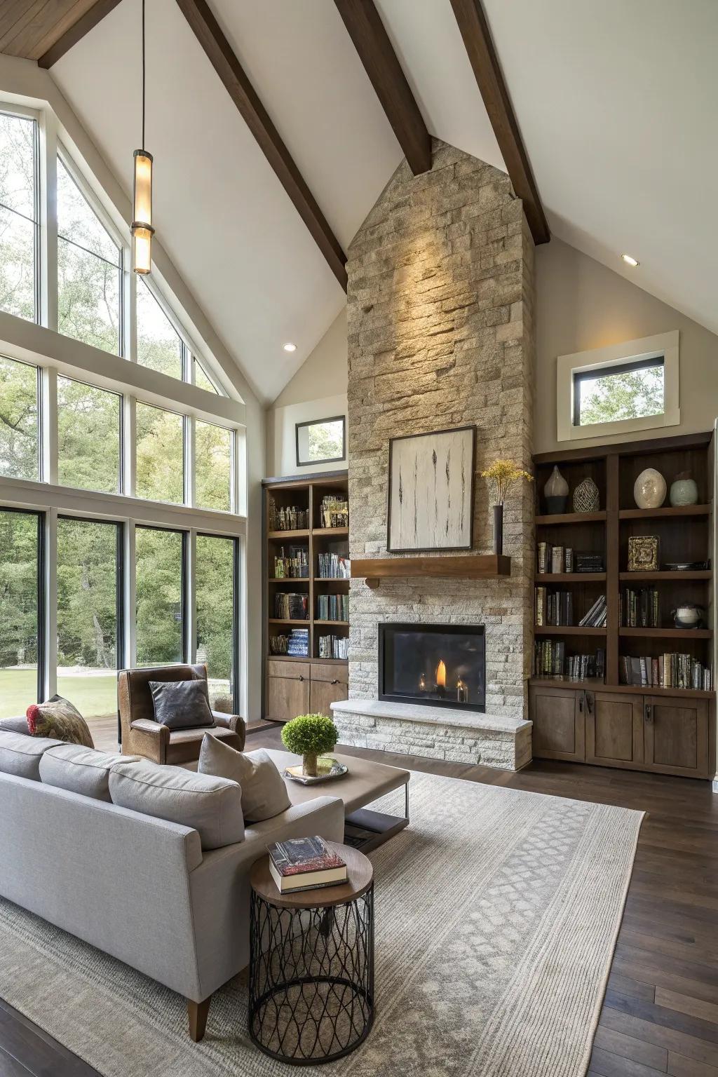 An off-center hearth augments functionality and style.