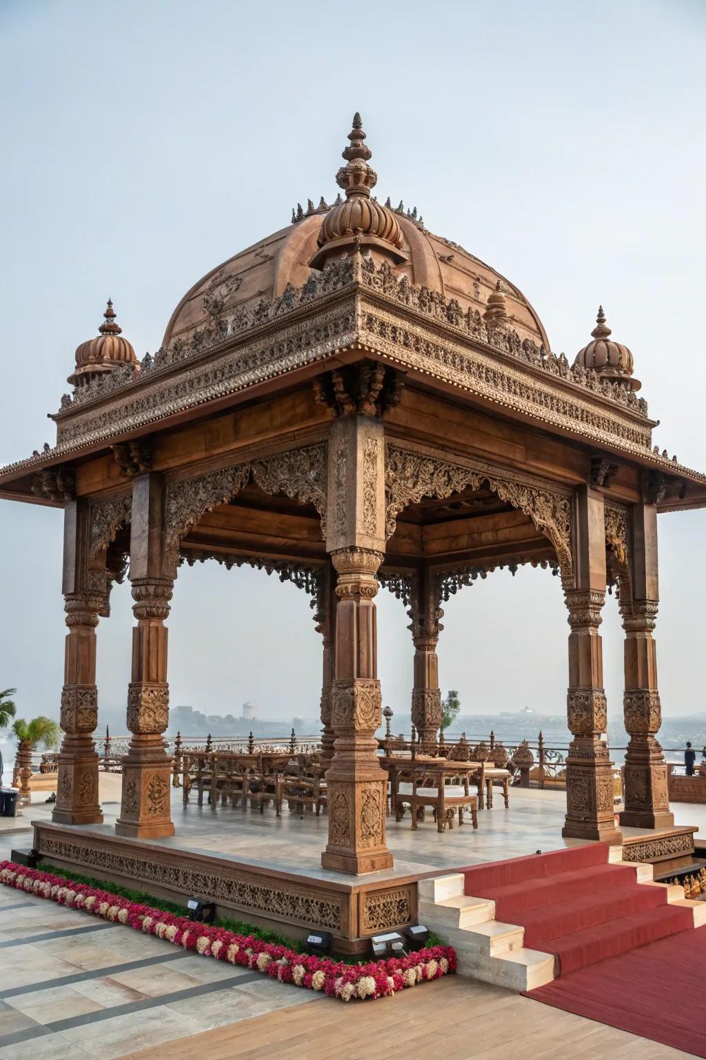 Striking architectural frameworks imparting a contemporary edge to the mandap.