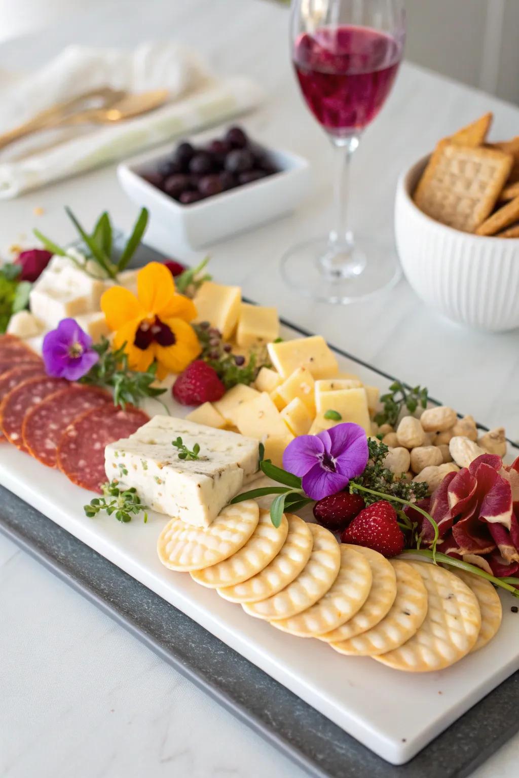 A charcuterie board with elegant edible accents.