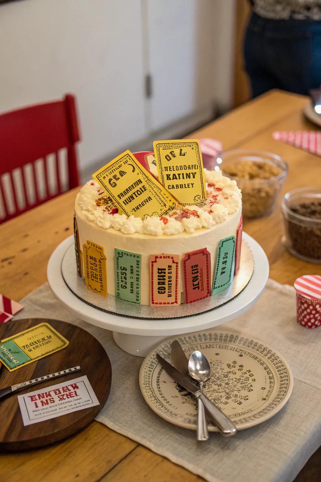 Edible cinema passes make this cake interactive and enjoyable.