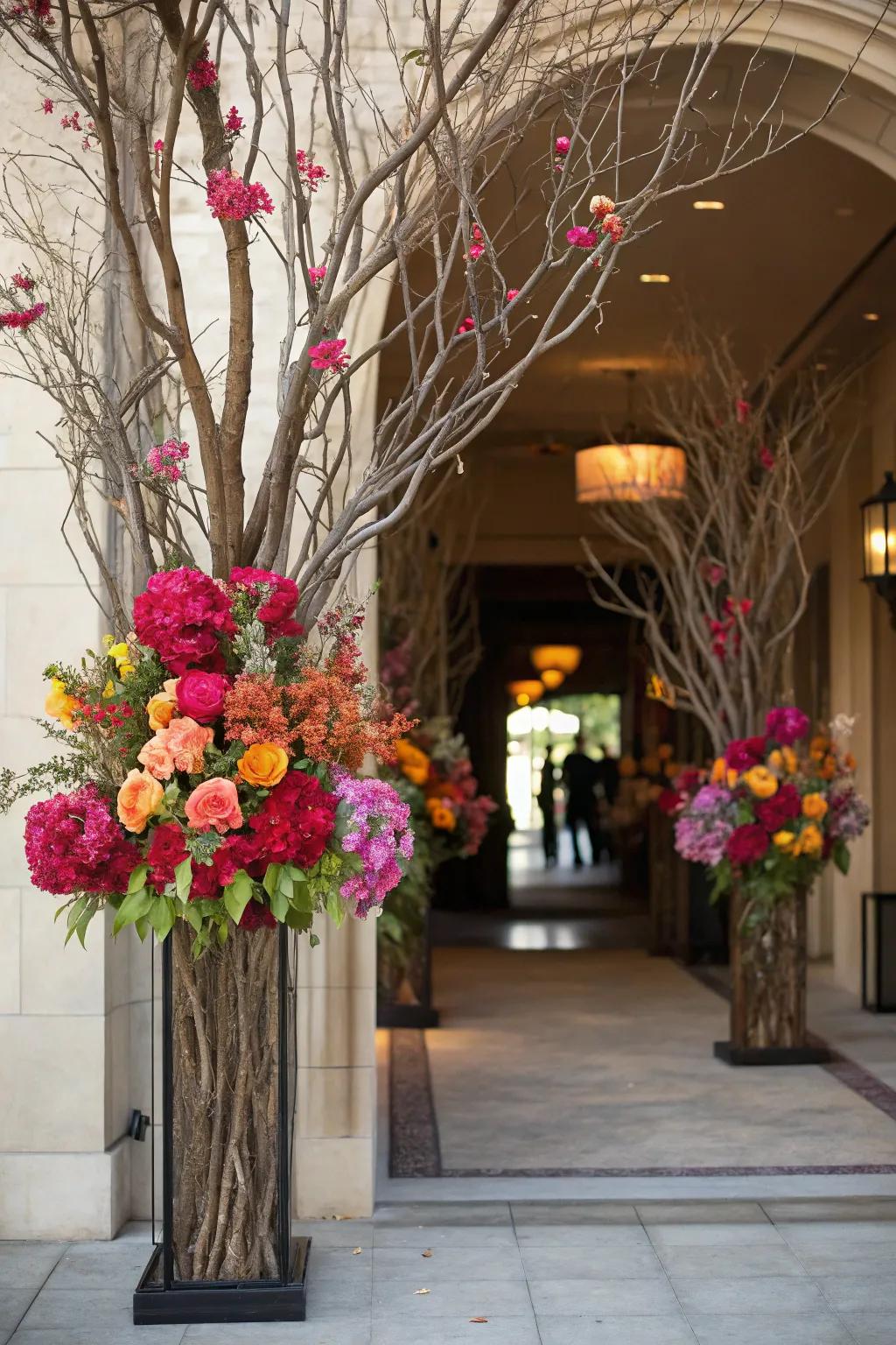 Striking botanical pieces fashion a dramatic entryway declaration.