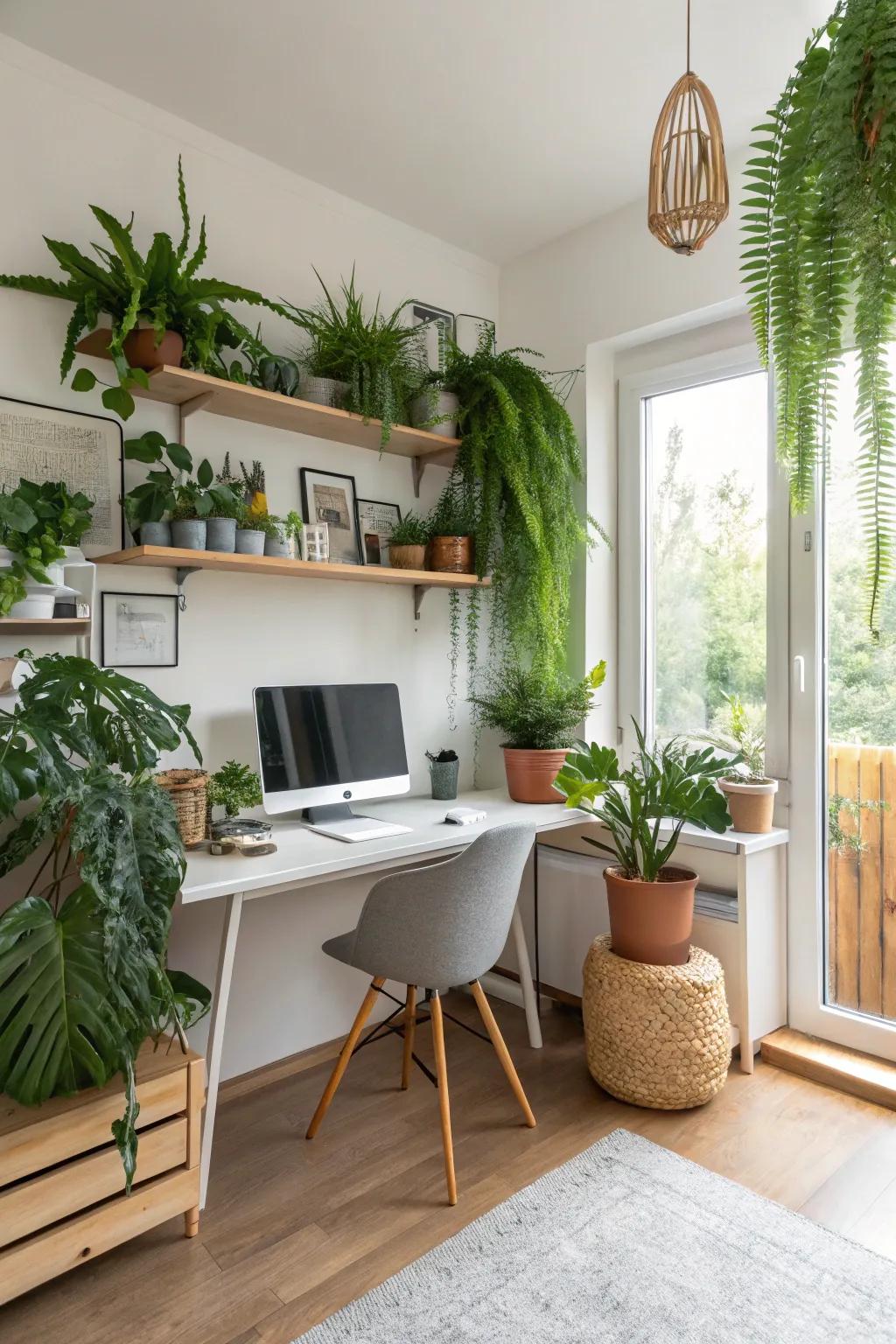 Greenery infuses life and freshness into a home office.